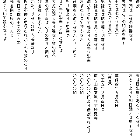 �`��
�O���͎O��̐_��Ȃ�
�ܓ��͂����̔@����\��
���͎�����\��
��͋����\��
�j铗��͐����y���ؖ��Ȃ�
��铗��͐��𒷂������Ȃ�
�������Ɛ\��������ֈ�o��
���΂ˎR�ɂĉ��ӂ���
��������C�ɂȂ���Ƃ�������
��������s�v�c��
�ق���o�����ƌ���������
��ւ̓��ɏ���Ȃ����ߋ���
�N�̍��\�l�΂���̏����ƌ���
���N�Ǝv�ӂ��
���������Ȃ��������F�Ȃ�
���q�s�ւƎv�Ђ��ꂪ���ӂݒ��߂���
�g���Ɛ�ݎ��̂��T��
���𑵂��C�̈�V��
���Ɍ����ďj�ӂȂ��
���͖ڏo�x������ׂ��ƂȂ�
����ɂ��Ē����x�Ƃ͐\���Ȃ�

���ۏE�N�㌎���
(����)
�吳�ܔN�E���l����
�쑺�R�S���򑺎�������
���������������`�����ꂽ��
����������
����������